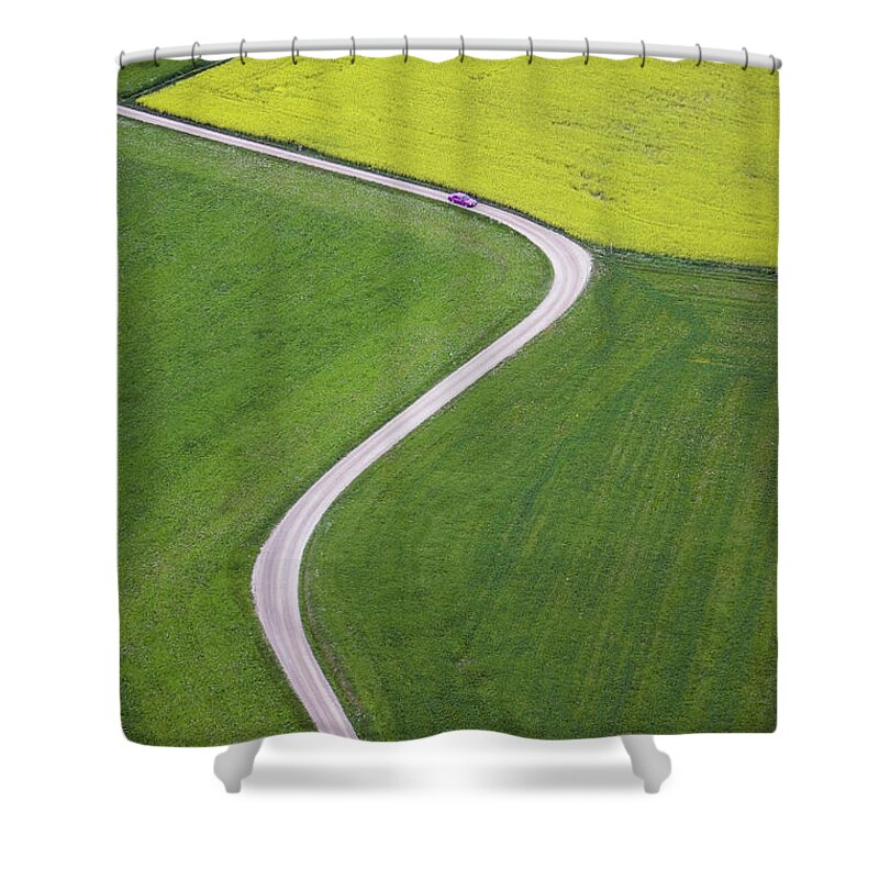 Scenics Shower Curtain featuring the photograph Dirt Track Across Farmland, Aerial View by Roine Magnusson