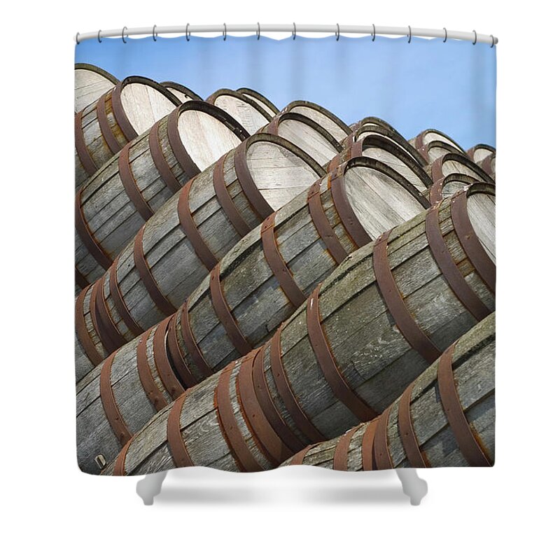 Fermenting Shower Curtain featuring the photograph Distillery Barrels 2 by Tillsonburg