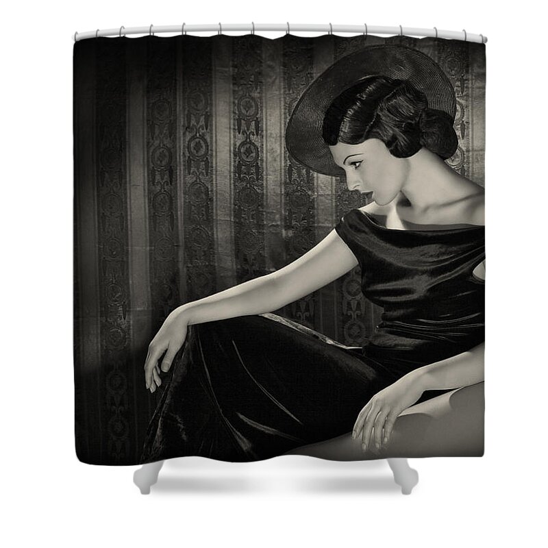 People Shower Curtain featuring the photograph Diva With The Hat In Film Noir Style by Retroatelier