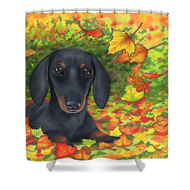 Dog Shower Curtain featuring the painting Dog 142 Dachshund by Lucie Dumas