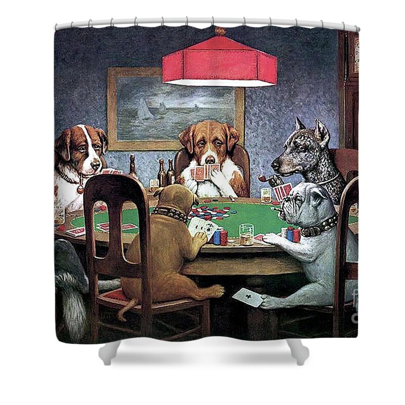 Cassius Marcellus Coolidge Shower Curtain featuring the mixed media Dogs Playing Poker by Cassius Marcellus
