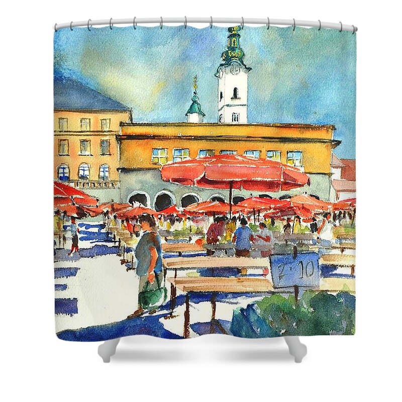 Market Shower Curtain featuring the painting Dolce Market in Zagreb #1 by Betty M M Wong