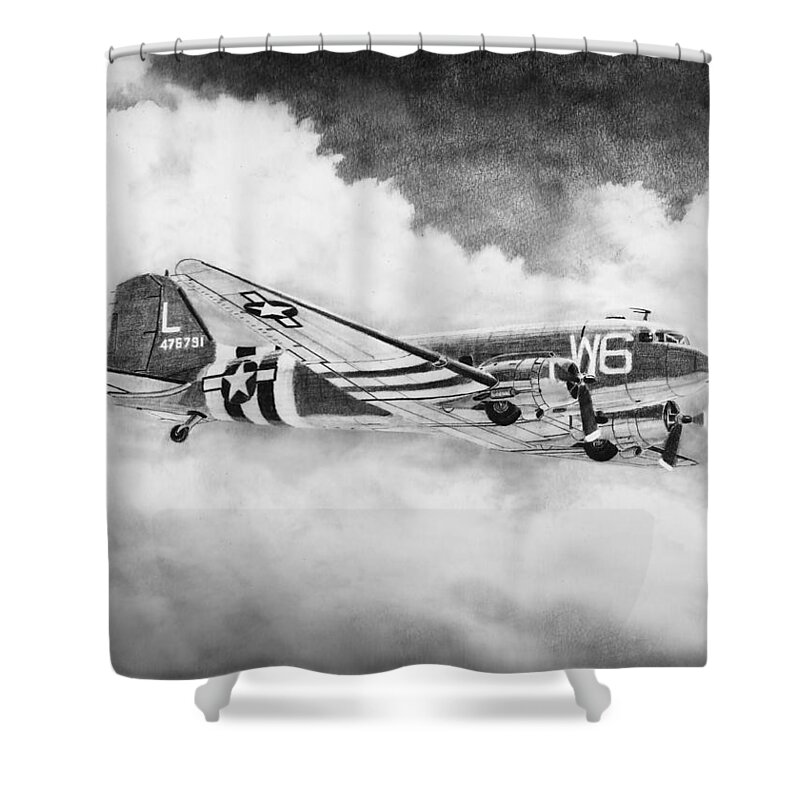 Aviation Art Shower Curtain featuring the drawing Douglas C-47 by Douglas Castleman