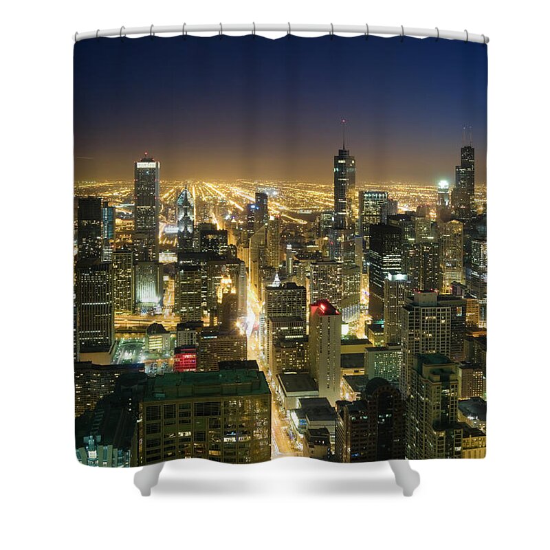 Water's Edge Shower Curtain featuring the photograph Downtown Chicago From Above At Dusk by Chrisp0