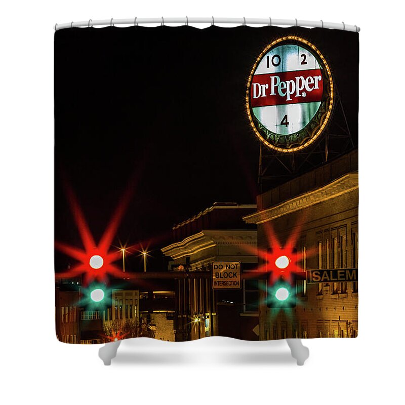  Dr Pepper Sign Neon Sign Shower Curtain featuring the photograph Dr Pepper Neon Sign Roanoke, Virginia. by Julieta Belmont