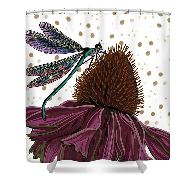 Echinacea Flower. Dragon Fly Shower Curtain featuring the drawing Dragon fly and Echinacea Flower by Joan Stratton
