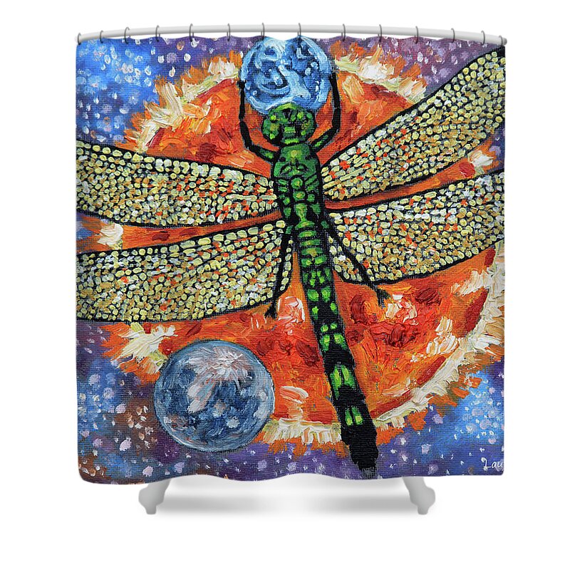 Dragon Fly Shower Curtain featuring the painting Dragon Fly Holding Earth by John Lautermilch