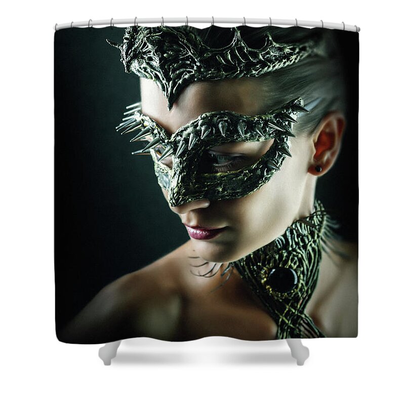 Amazing Mask Shower Curtain featuring the photograph Dragon Queen Vintage eye mask by Dimitar Hristov