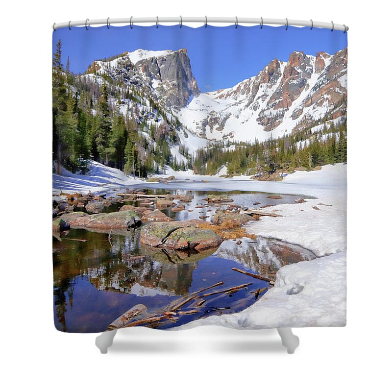 Flattop Mountain Shower Curtain featuring the photograph Dream Lake and Flattop Mountain by Suzanne Stout