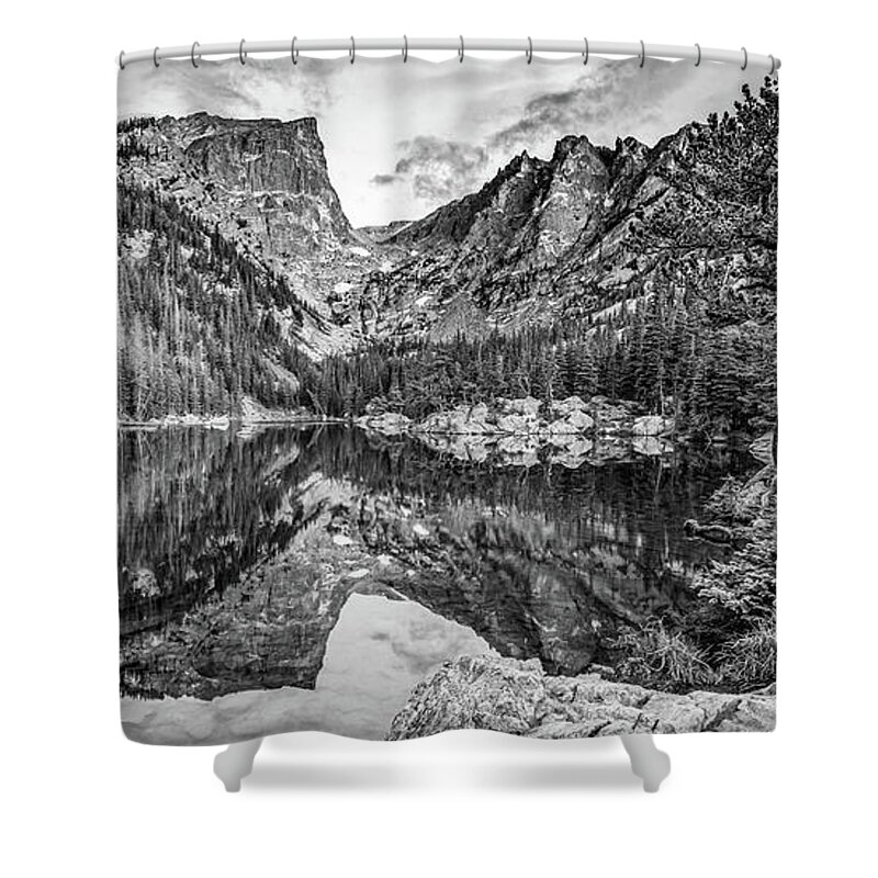 Mountain Landscape Shower Curtain featuring the photograph Dream Lake Mountain Landscape Reflections Panorama in Black and White by Gregory Ballos