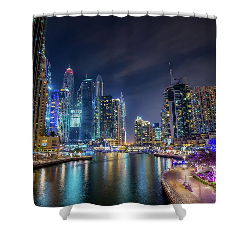 Dubai Shower Curtain featuring the photograph Dubai marina walk at night by Delphimages Photo Creations