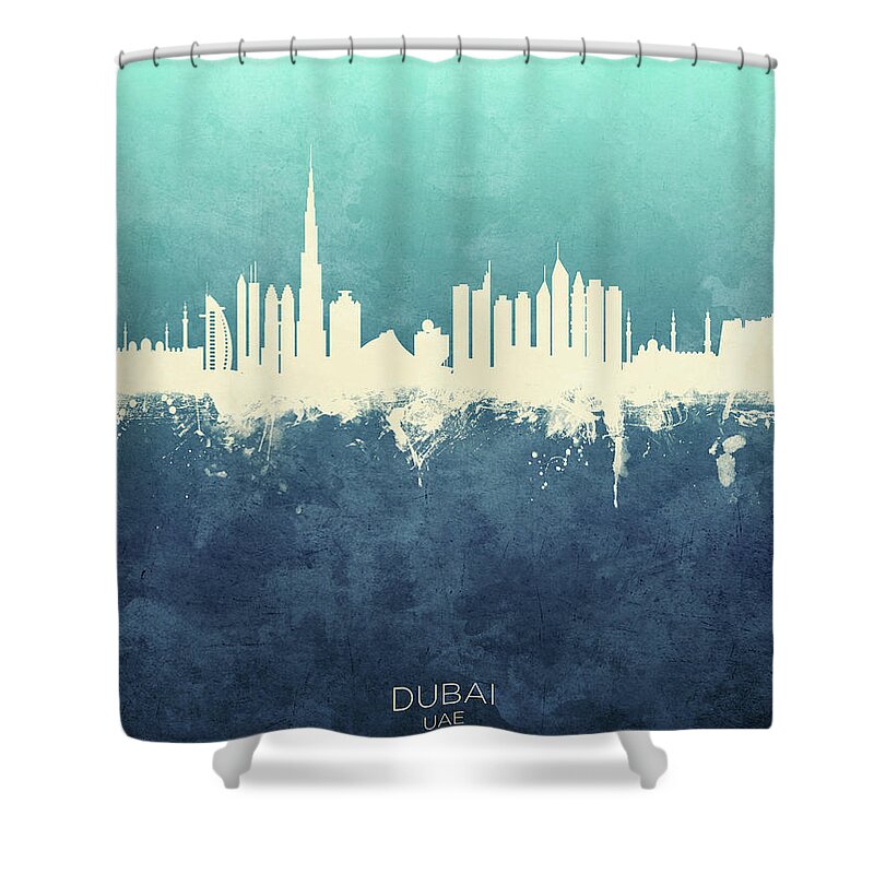 Dubai Shower Curtain featuring the digital art Dubai UAE Skyline by Michael Tompsett