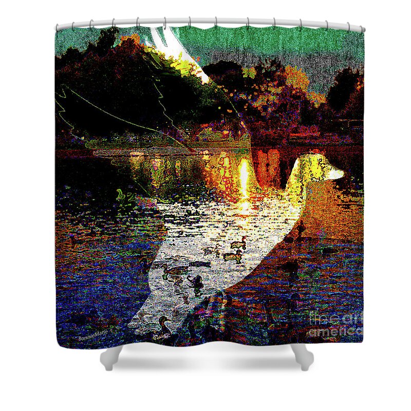 Duckpond Shower Curtain featuring the painting Duckpond at Dusk.flight over lake by Bonnie Marie