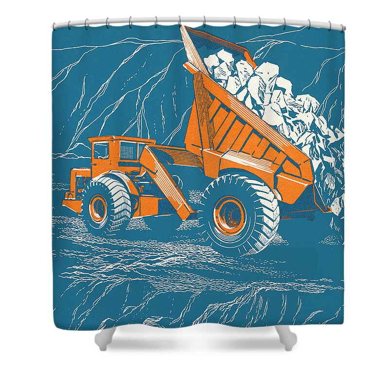 Blue Shower Curtain featuring the drawing Dump Truck Dumping Rocks by CSA Images