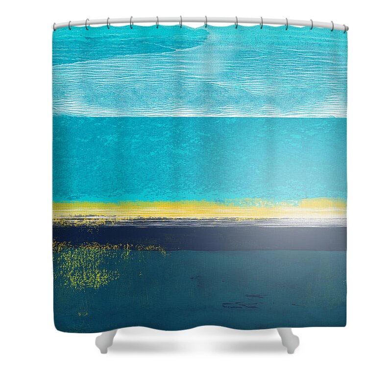 Abstract Shower Curtain featuring the painting Dusty Cyan Horizon Abstract Study by Naxart Studio