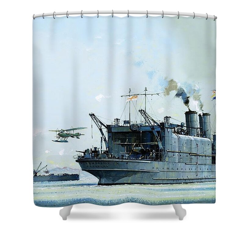 Navy Shower Curtain featuring the painting Early Aircraft Carrier by John S Smith