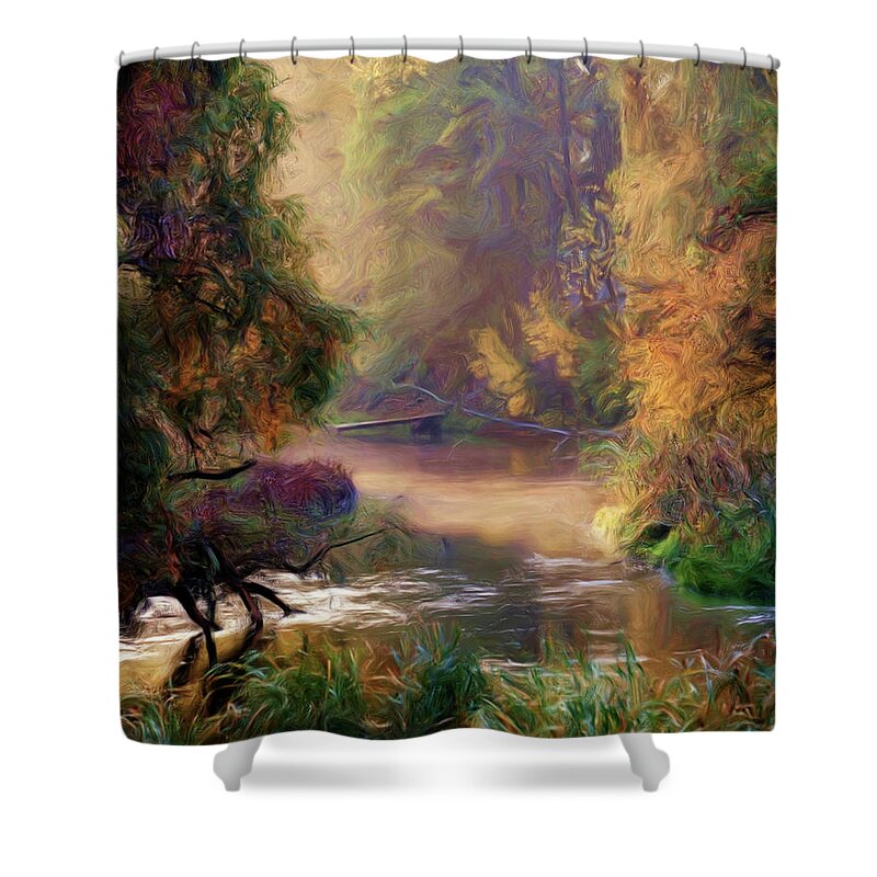 Austin Shower Curtain featuring the painting Early Morning in Autumn by Troy Caperton
