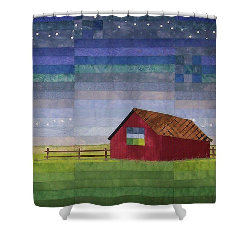 Art Quilt Shower Curtain featuring the tapestry - textile Early Morning Nine Patch by Pam Geisel