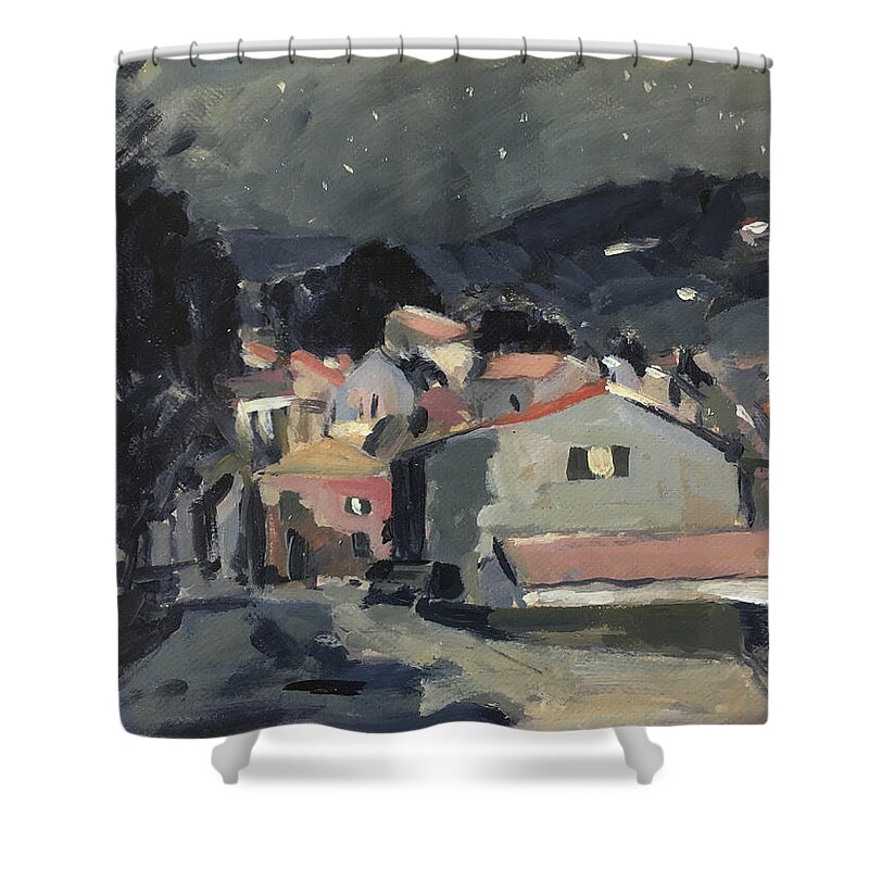 Loggos Shower Curtain featuring the painting Early morning stars in Loggos by Nop Briex