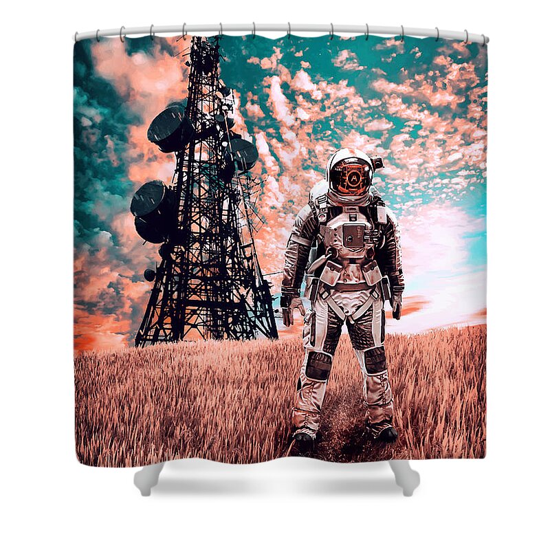 Space Shower Curtain featuring the digital art Earth 2501 radio tower by Dimi Zin