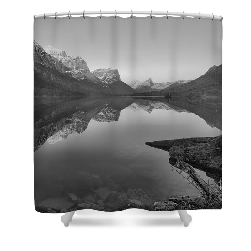 St Mary Shower Curtain featuring the photograph East Glacier St. Mary Spring Sunrise Black And White by Adam Jewell