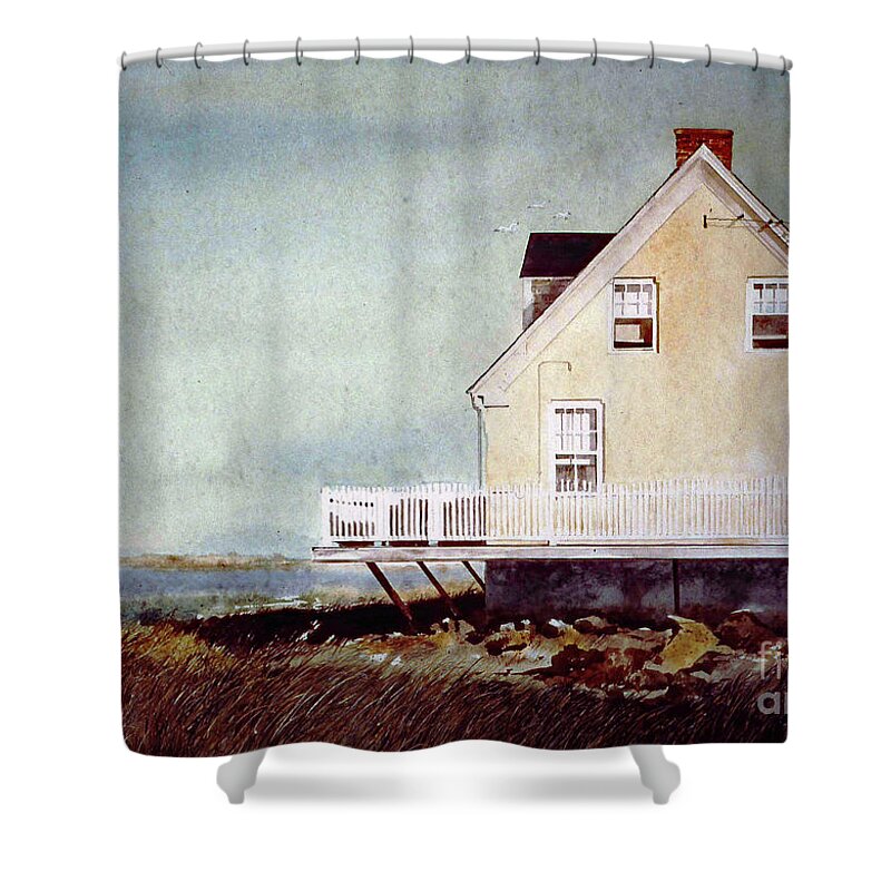 A Yellow Beach House Sets At The Edge Of A Salt Marsh East Of Newberry Port Shower Curtain featuring the painting East Of Newberry Port by Monte Toon