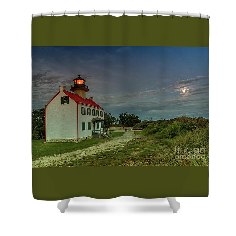 Night Shower Curtain featuring the photograph East Point Lighthouse in Moonlight by Debra Fedchin