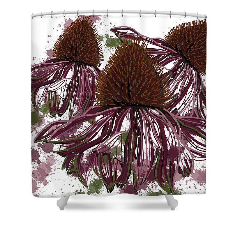Modern Abstract Shower Curtain featuring the drawing Echinacea Flowers Line by Joan Stratton