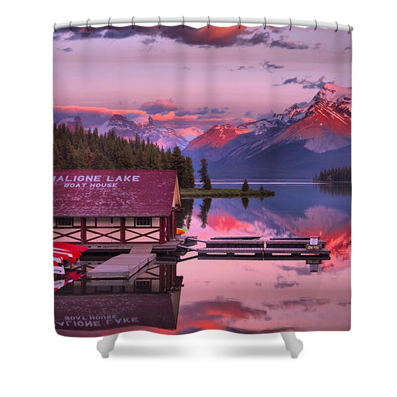 Maligne Lake Shower Curtain featuring the photograph Maligne Lake Sunset Magic by Adam Jewell
