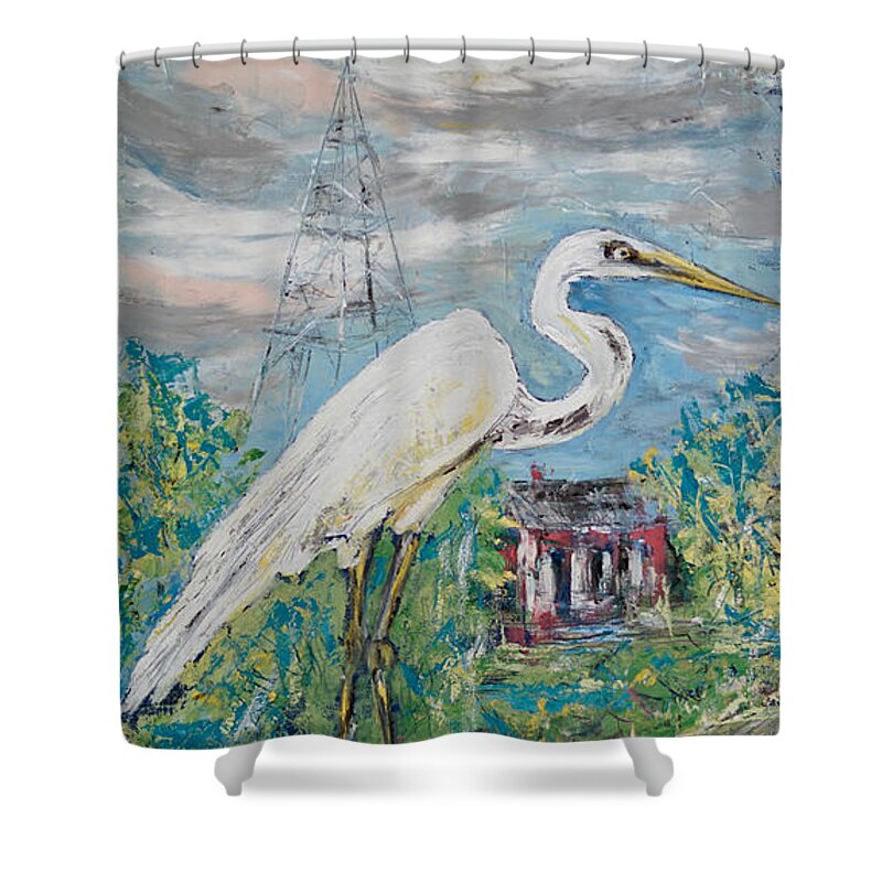 Egret Shower Curtain featuring the painting Egret Mascot of Coastal Town by Patty Donoghue