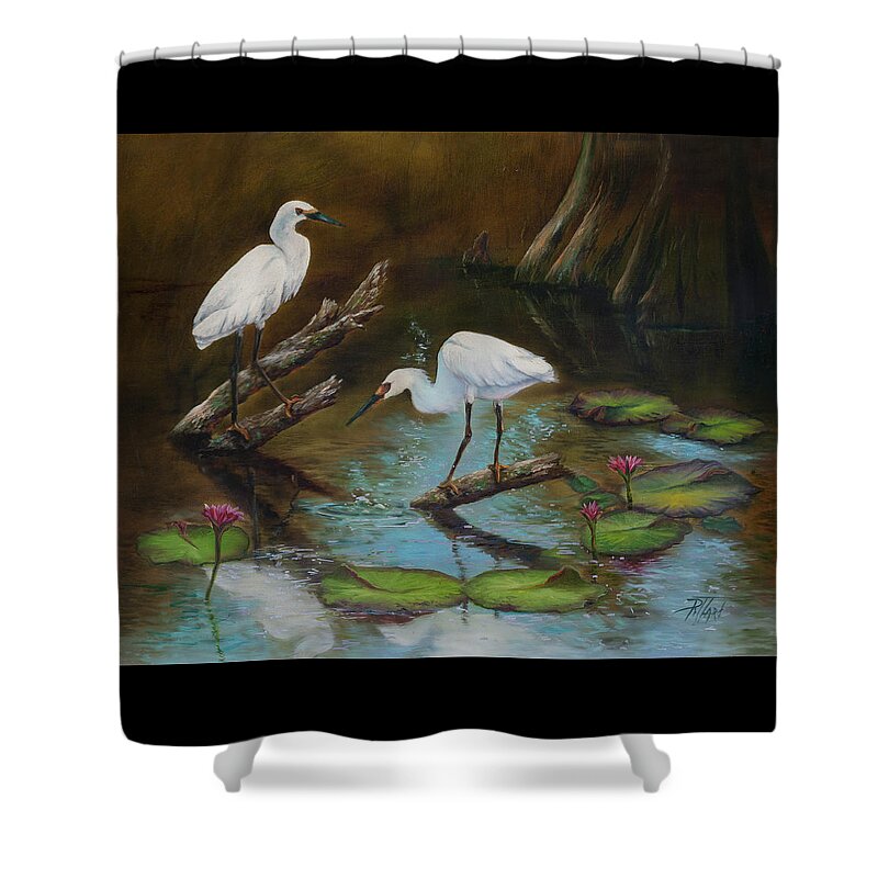 Egrets Shower Curtain featuring the painting Two Egrets--Missed Again by Lynne Pittard