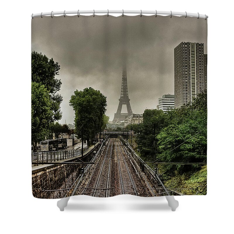 Railroad Track Shower Curtain featuring the photograph Eiffel Tower In Clouds by Stéphanie Benjamin