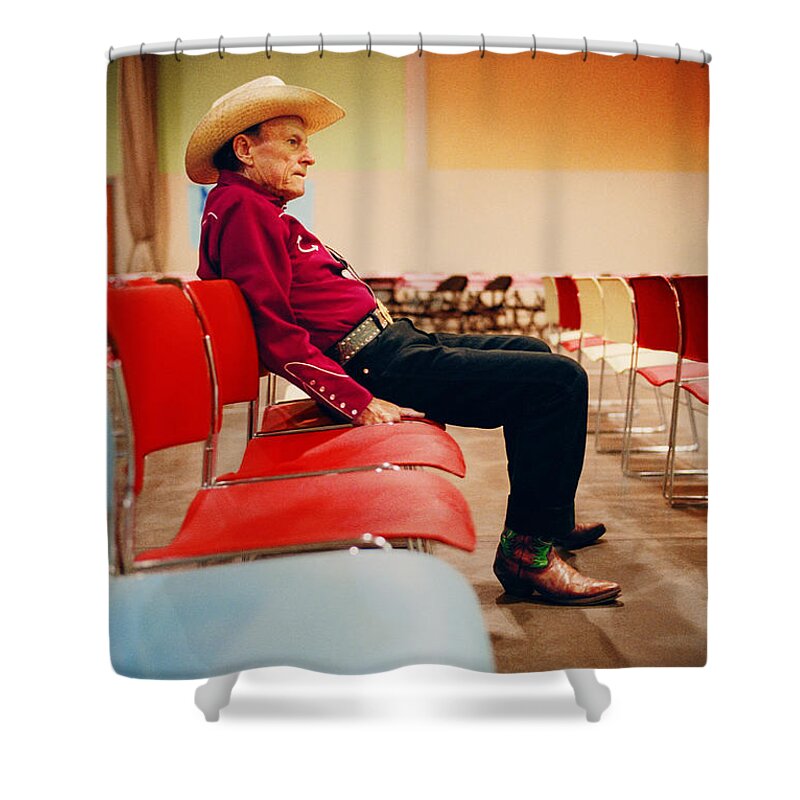 Country And Western Music Shower Curtain featuring the photograph Elderly Man Wearing Cowboy Hat, Sitting by Reza Estakhrian