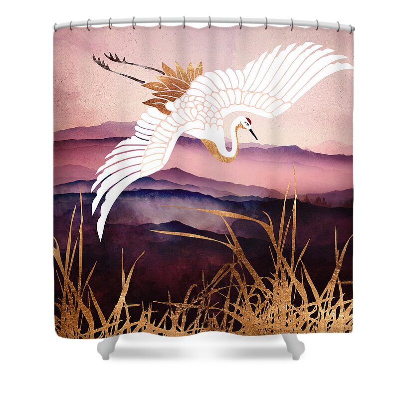 Abstract Depiction Of A Crane Flying With Copper Shower Curtain featuring the digital art Elegant Flight III by Spacefrog Designs