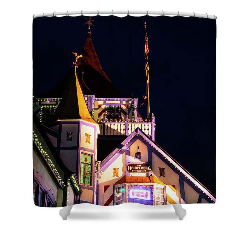 Helen Shower Curtain featuring the photograph Helen's Heidelberg Restaurant After Dark by Bob Phillips