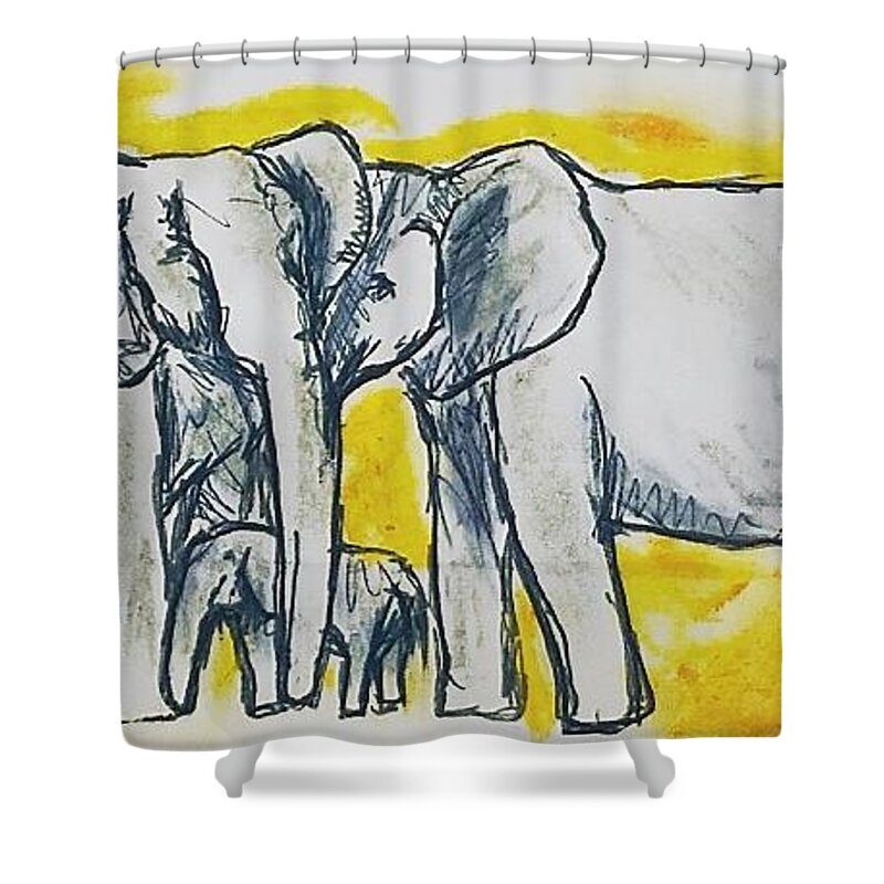 Elephants Shower Curtain featuring the drawing Elephants by Emma Jane Buresh guest artist