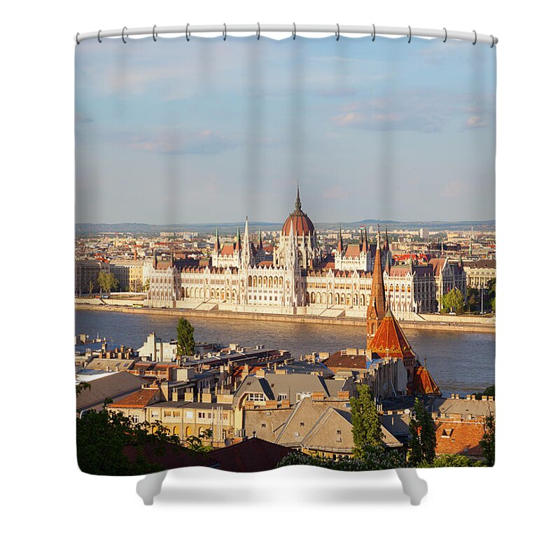Hungarian Parliament Building Shower Curtain featuring the photograph Elevated View Over The Hungarian by Douglas Pearson