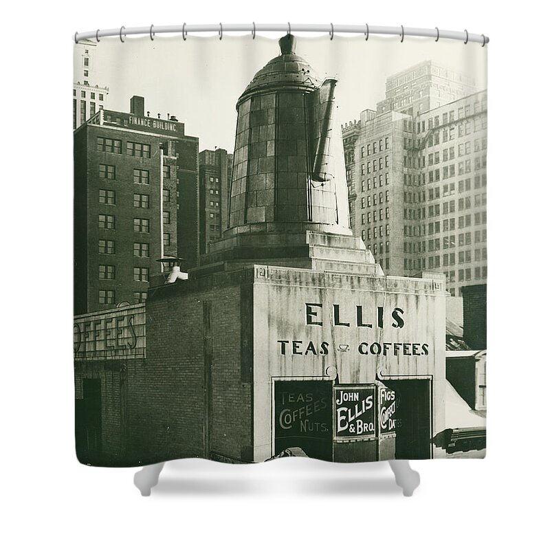 Ellis Teas;and Coffees Shower Curtain featuring the mixed media Ellis Tea and Coffee Store, 1945 by Jacob Stelman