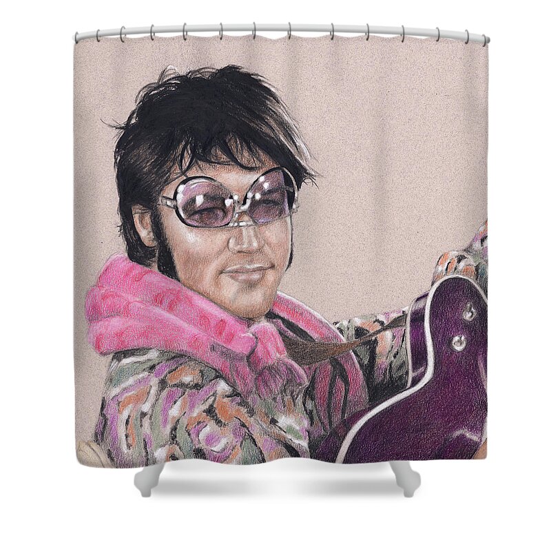Elvis Shower Curtain featuring the drawing Elvis in Charcoal #208 by Rob De Vries