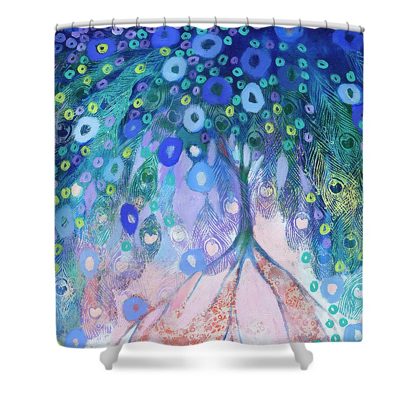 Tree Shower Curtain featuring the painting Embraced by Love by Jennifer Lommers