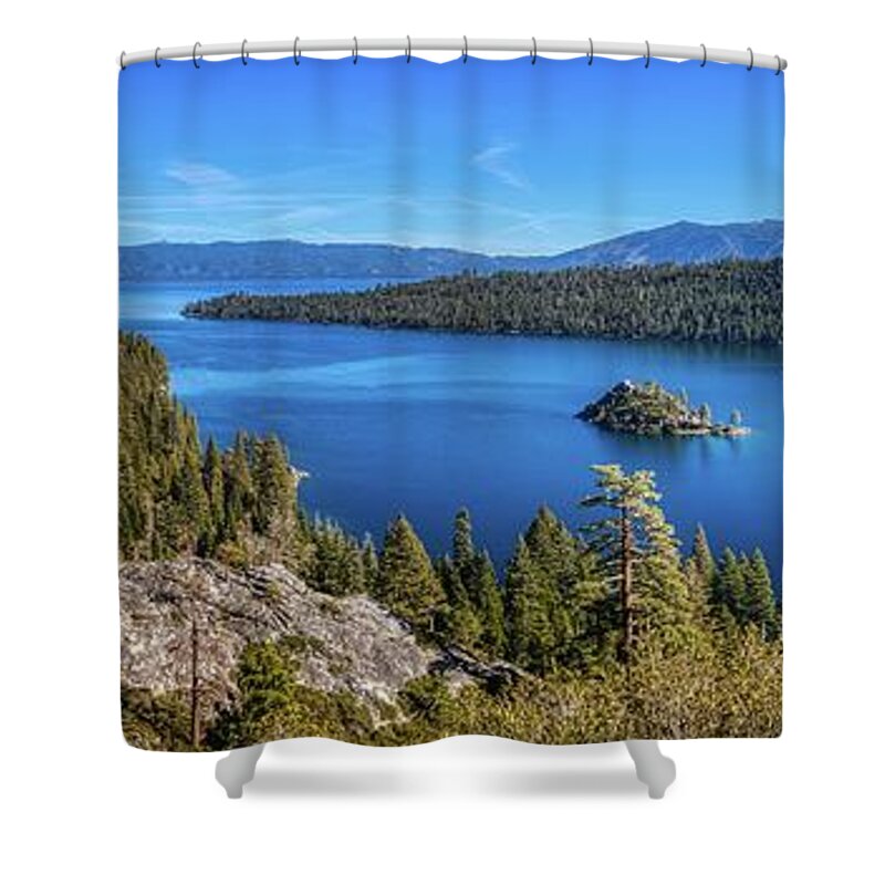 Boat Shower Curtain featuring the photograph Emerald Bay and Fannette Island Panorama by Andy Konieczny