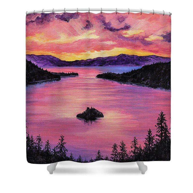 Emerald Bay Shower Curtain featuring the painting Emerald Bay Sunset by Darice Machel McGuire