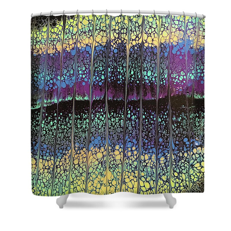 Poured Acrylic Shower Curtain featuring the painting Enchanted Forest by Lucy Arnold