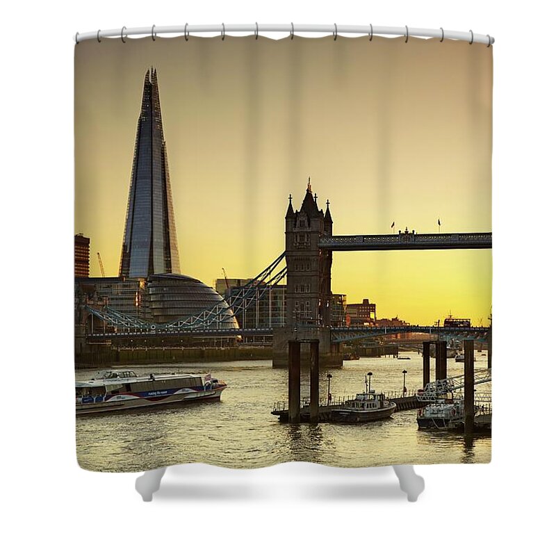 Estock Shower Curtain featuring the digital art England, Great Britain, British Isles, London, Southwark, The Shard, City Hall, Tower Bridge And River Thames At Sunset by Richard Taylor