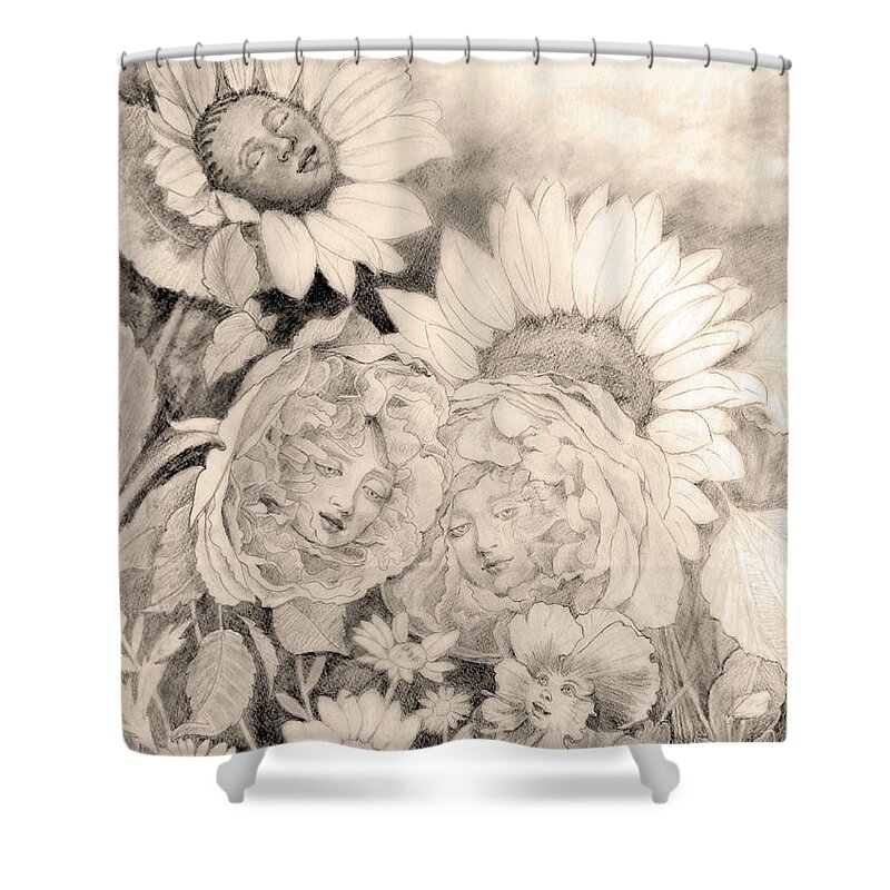 English Garden Shower Curtain featuring the drawing English Roses African Sunflower by Kathryn Donatelli