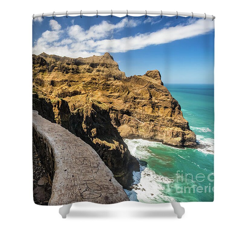 Cliff Shower Curtain featuring the photograph Scenic route to Fontainhas, Santo Antao, Cape Verde by Lyl Dil Creations