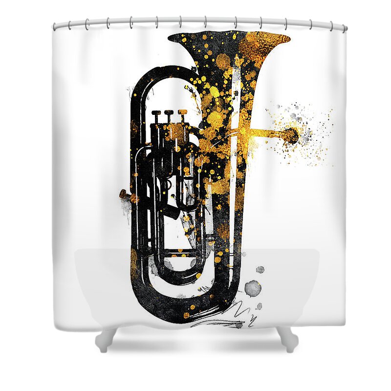 Music Shower Curtain featuring the digital art Euphonium music art gold and black by Justyna Jaszke JBJart