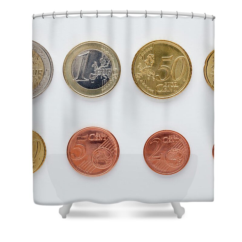 Coin Shower Curtain featuring the photograph Euro Coins Arranged In Numerical Order by Caspar Benson