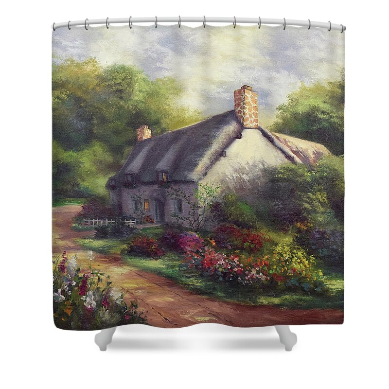 European Cottage Shower Curtain featuring the painting European Cottage III by Lynne Pittard