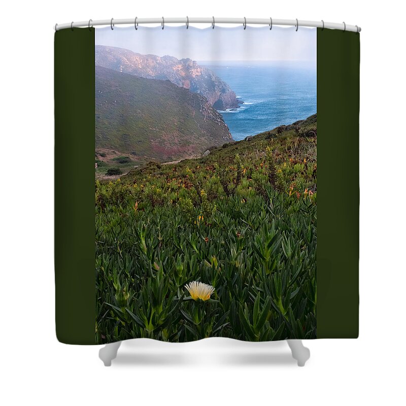 Evening Shower Curtain featuring the photograph Evening Fog at Cabo da Roca, Portugal by Roberta Kayne